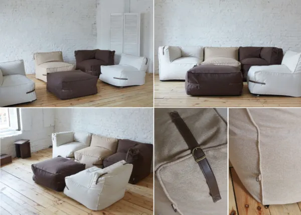 Бескаркасный модульный диван с декоративными кожаными ремнями