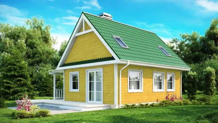 Желтый дачный домик с ярко-зеленой крышей