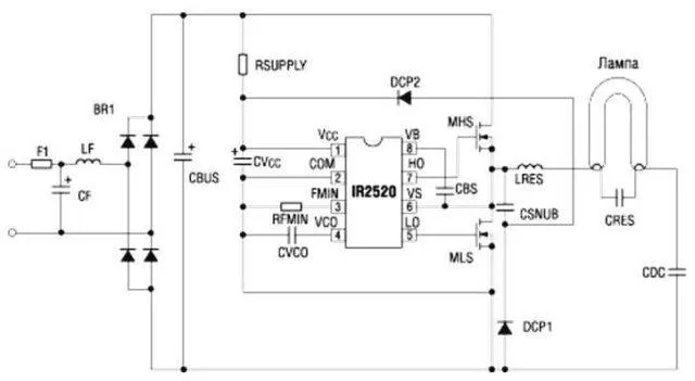 Электронный балласт IR2520D с диапазоном рабочих частот от 35 кГц до 80 кГц