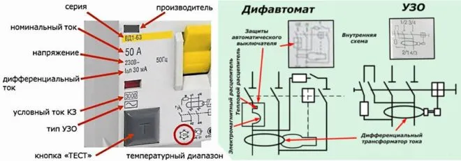 Маркировка и внутренняя электрическая схема УЗО и дифавтоматов