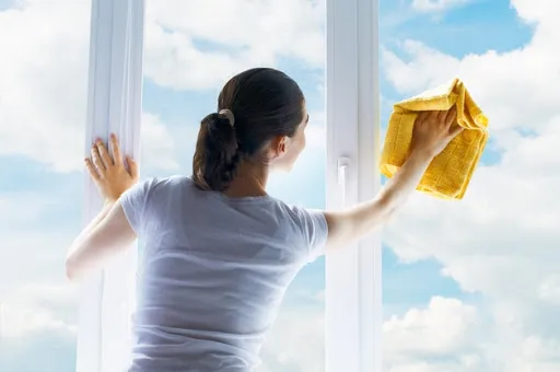 Изображение женщины, моющей окна