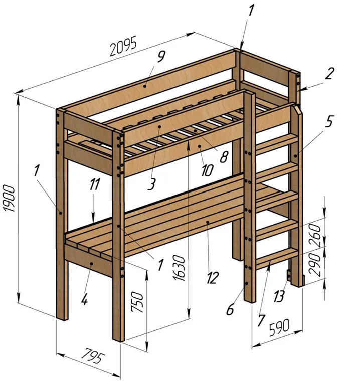 Сборочный чертеж двухъярусной кровати со столом.