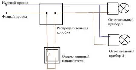 Схема управления освещением с использованием различных типов выключателей
