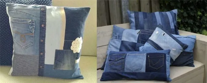 Изготовление диванных подушек из поношенных джинсов