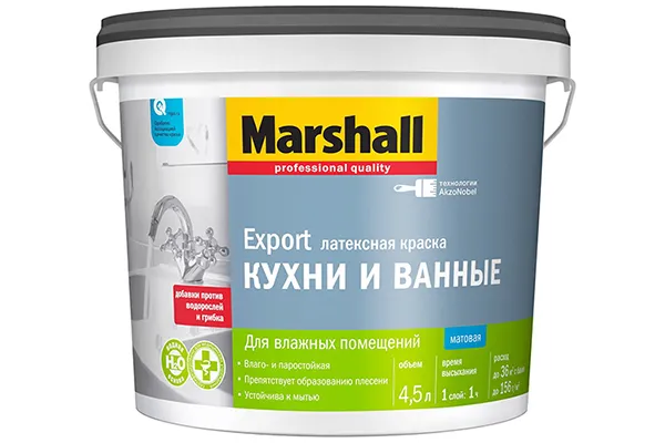 Краски MARSHALL, особенно серия Professional, характеризуются отличной адгезией, устойчивостью к механическим повреждениям и очень экономичным расходом (в среднем 1 литр на 12 м2).