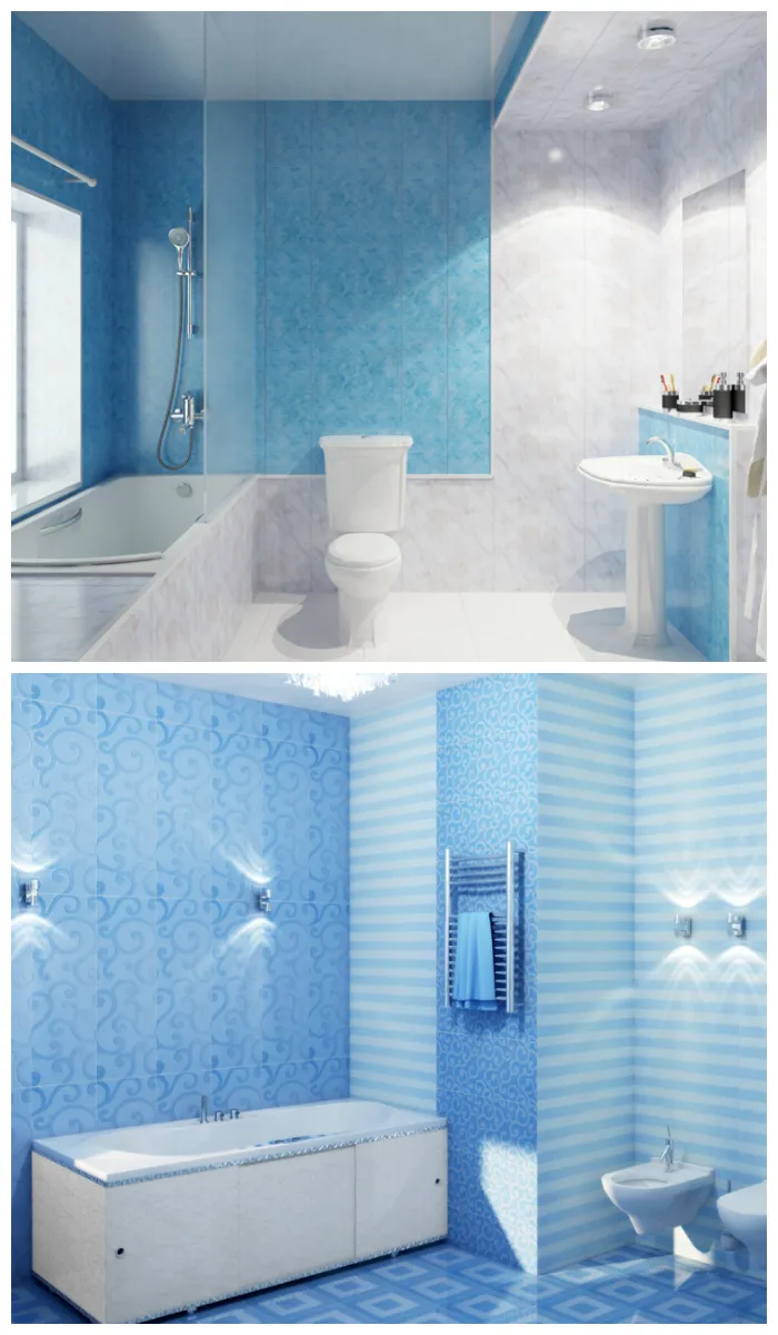 Отделка ванной комнаты синими и белыми пластиковыми панелями