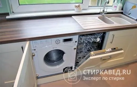 Встроенная стиральная и посудомоечная машины рядом с раковиной